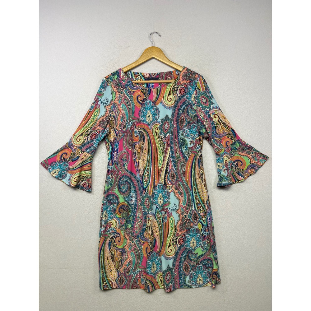 Boho Retro Tommy Hilfiger Womens 14 Multicolor Paisley Bell Sleeve Shift Dress